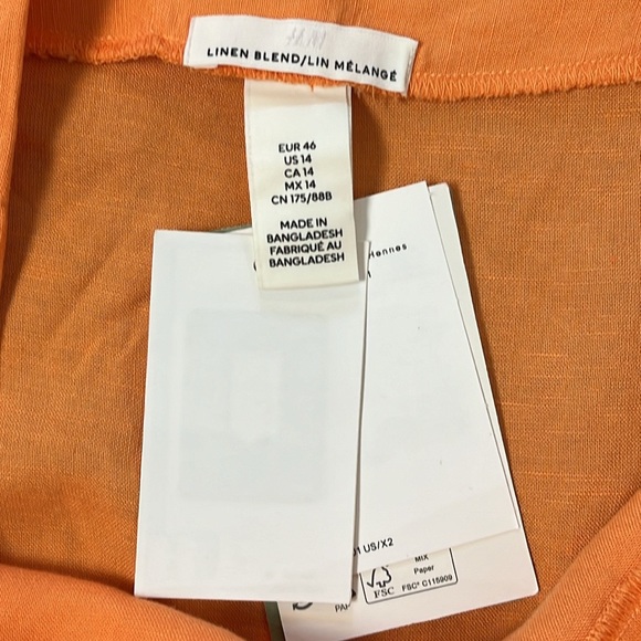 H&M Linen Viscose Orange Faux Wrap Long Column Skirt Shell Button Bright Sz 14 - Picture 10 of 12